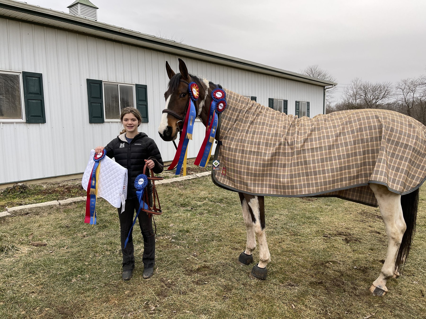 SiSi, a bay-and-white pinto mare, decked in champion ribbons and held by Rylee outside the Setting Sun barn.